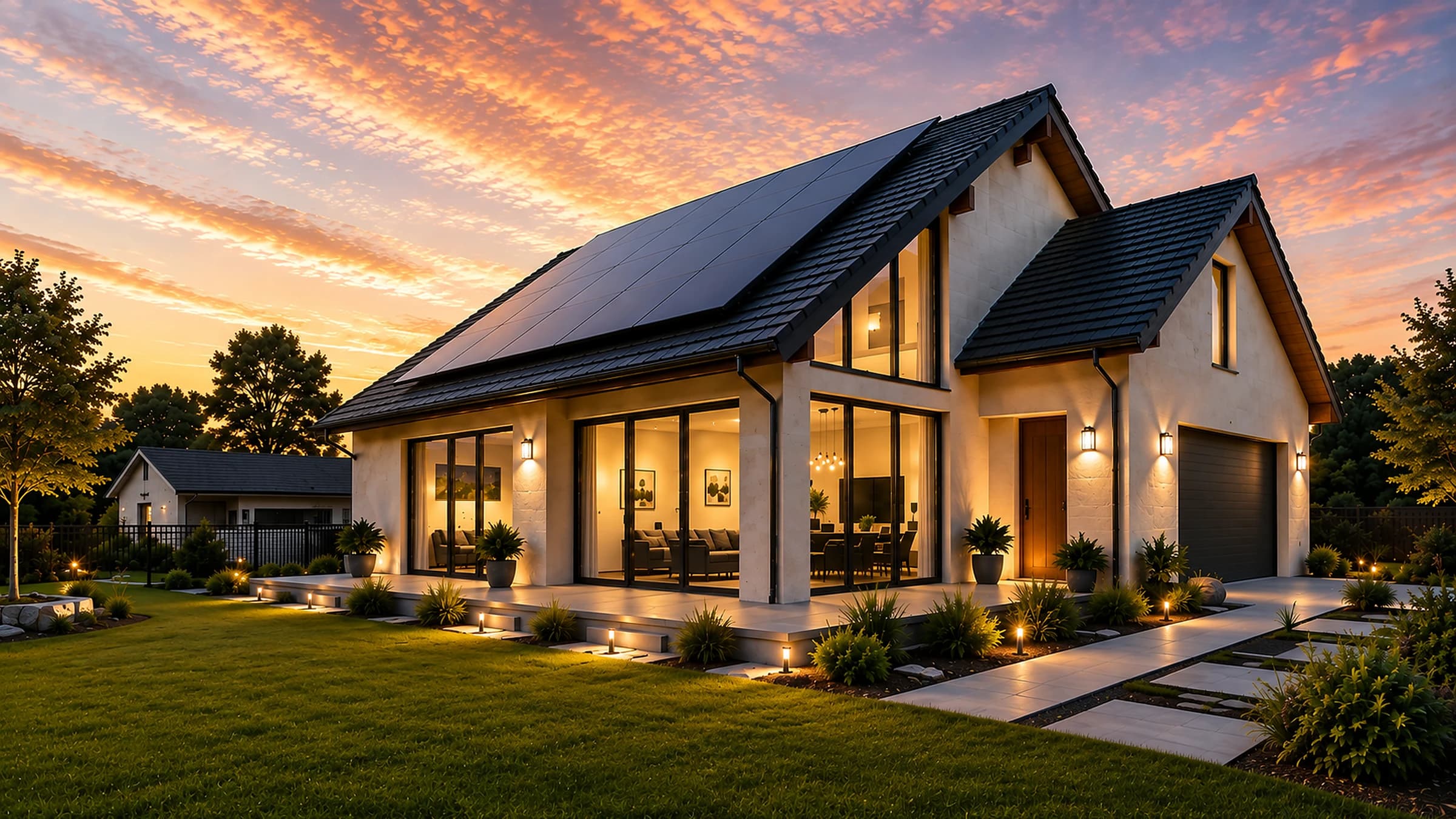 Modern home at dusk with rooftop solar panels and warm interior lighting