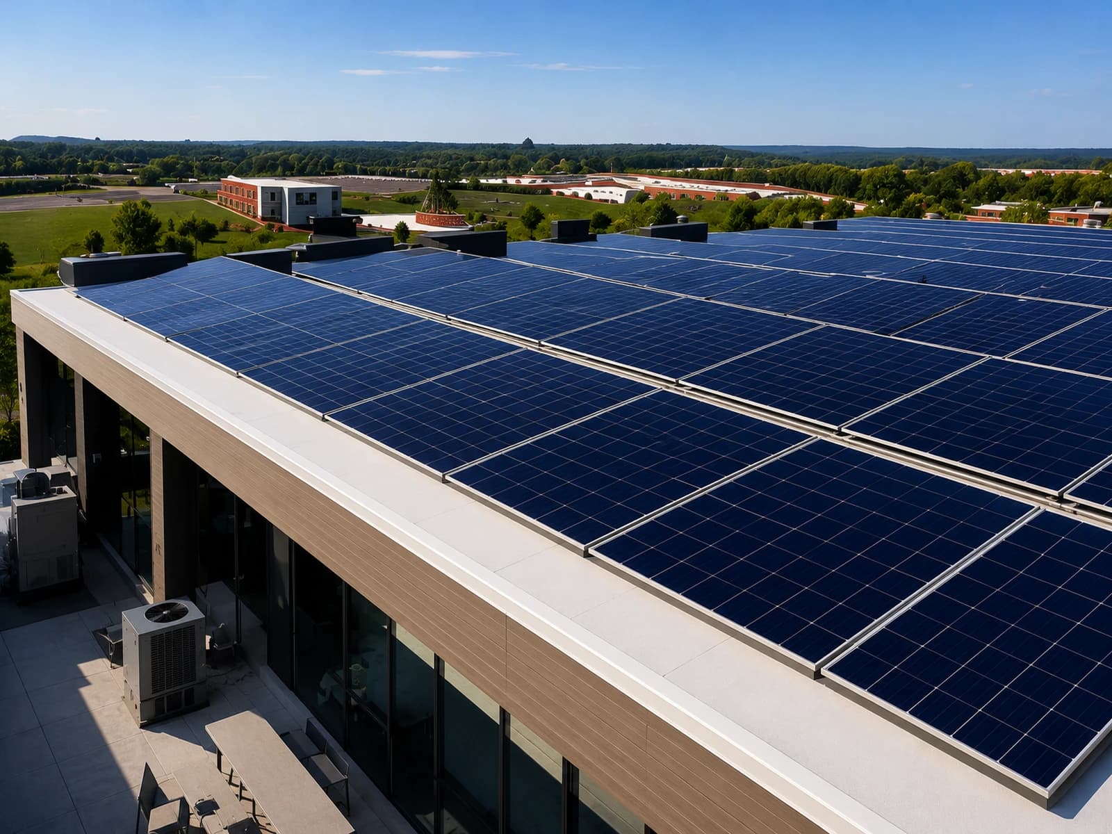 Aerial view of commercial rooftop solar array