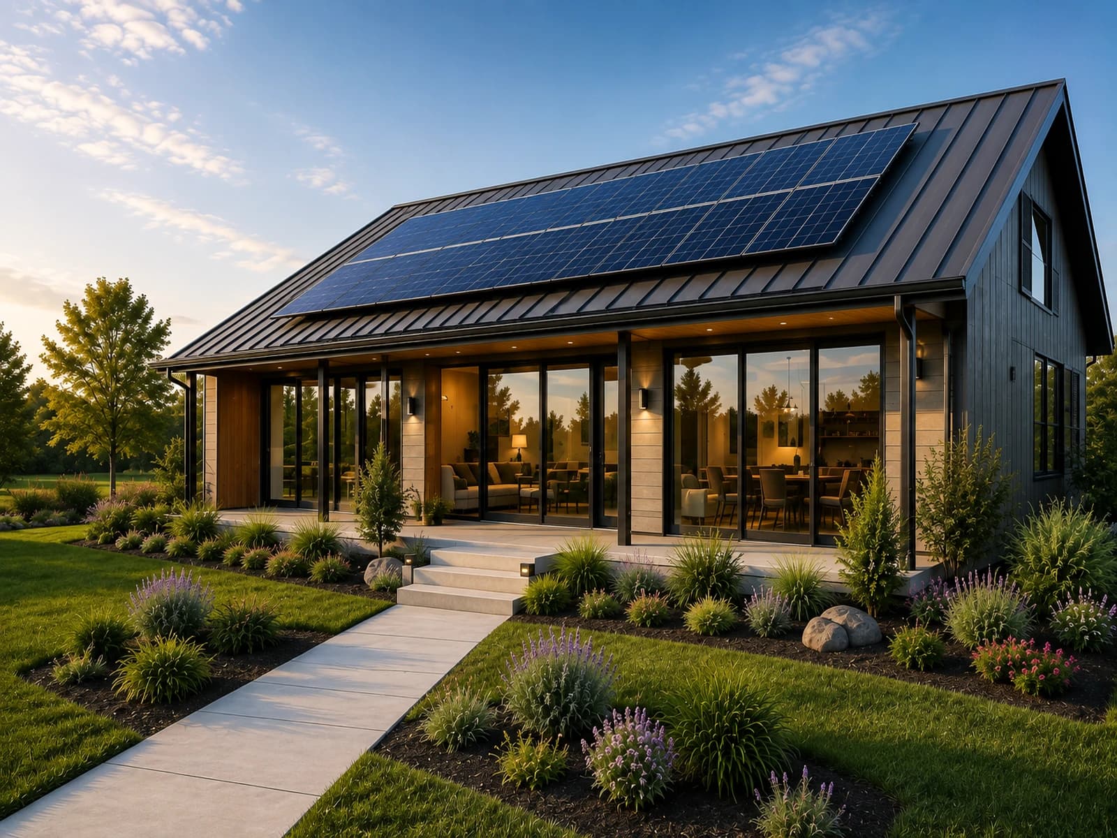 Modern home with solar patio cover and outdoor living space
