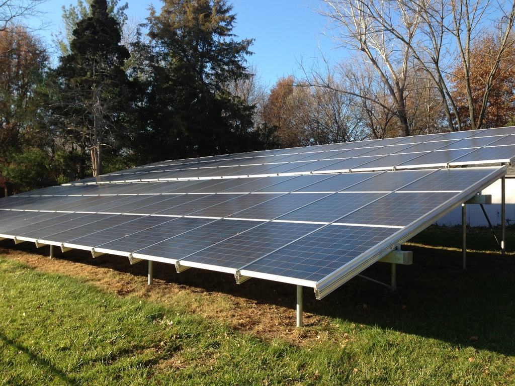 Solar panels mounted on metal supports.